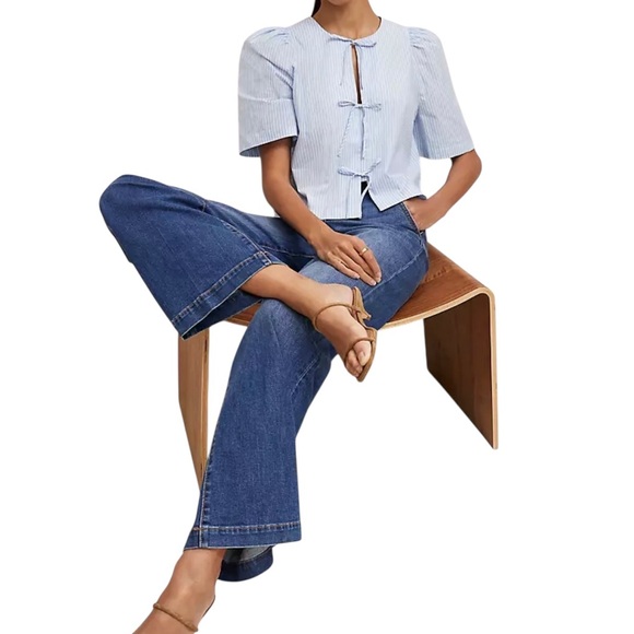 Ann Taylor Light Blue Triple Tie Striped 100% Cotton Blouse XXL - Picture 2 of 8